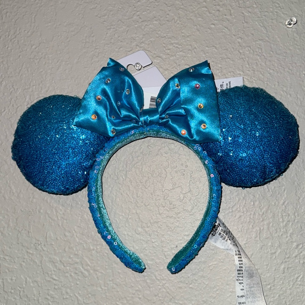 Disney Parks Blue Aqua Sequined Minnie Mouse Ear Headband Crystal Bow LA…